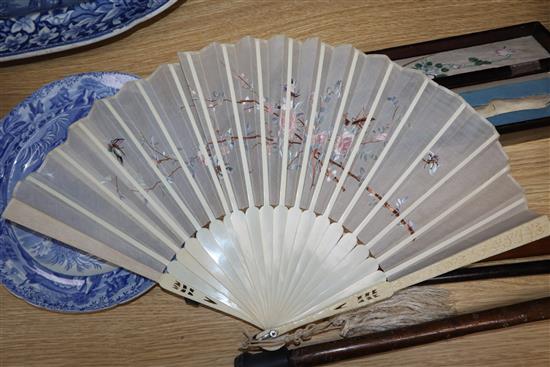 A boxed ivory fan, three other fans and a quantity of ladys gloves